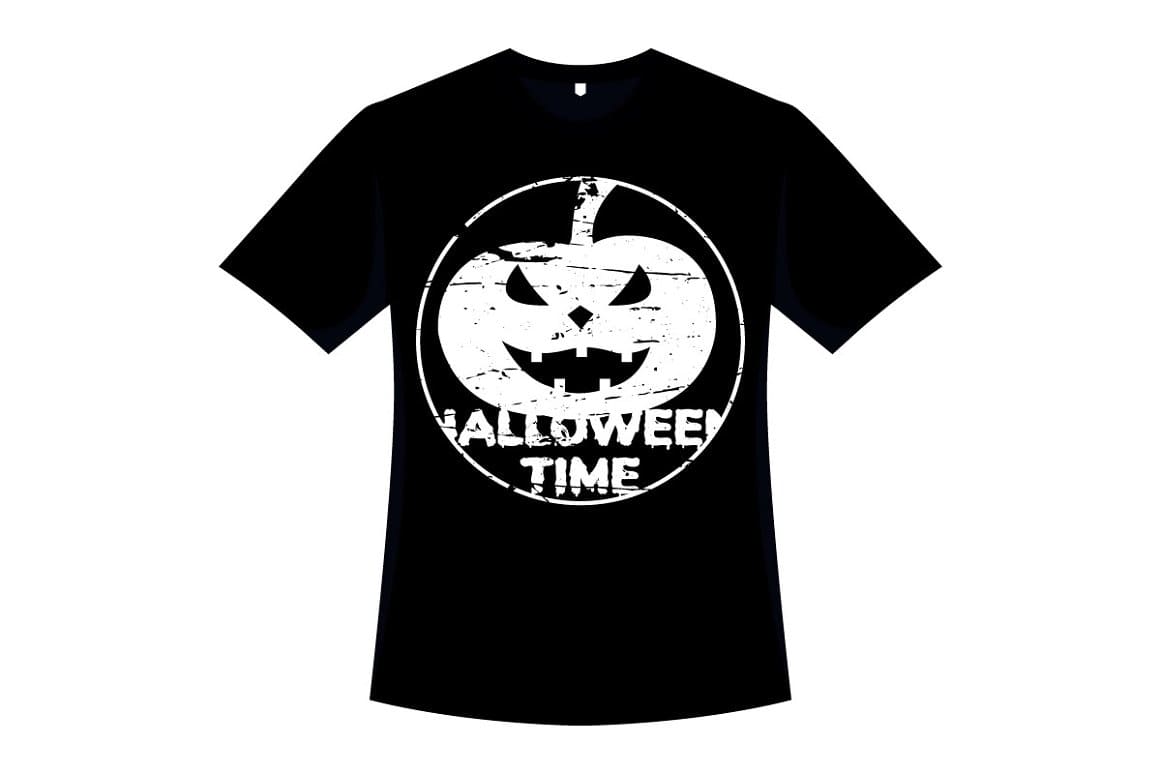 A Halloween pumpkin of Free Halloween Silhouette is drawn on a black T-shirt in a white circle.