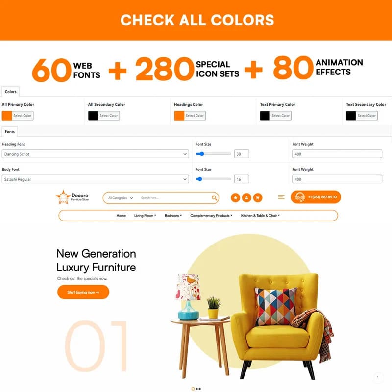 60 web fonts of Decora - Furniture Store WooCommerce WordPress Theme.