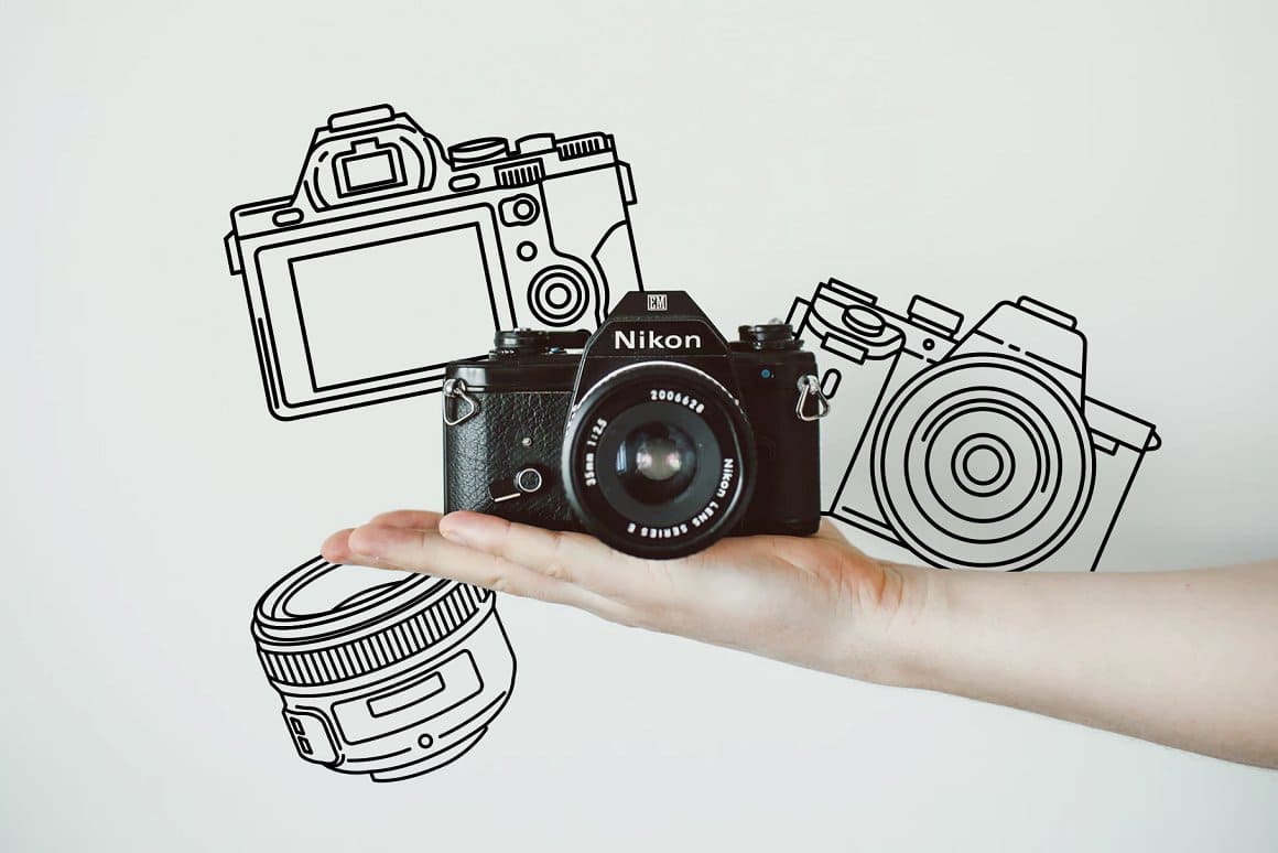 The image of a real camera and a bunch of cameras are drawn on a white background.