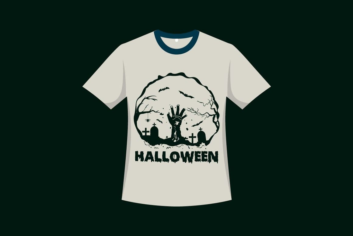 Image of a white t-shirt with the image of a zombie hand and the inscription Halloween.