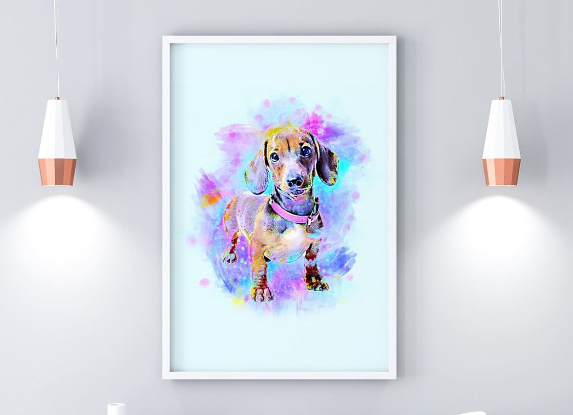 Funny dachshund image with Pet Watercolor Art Plugin design on painting.