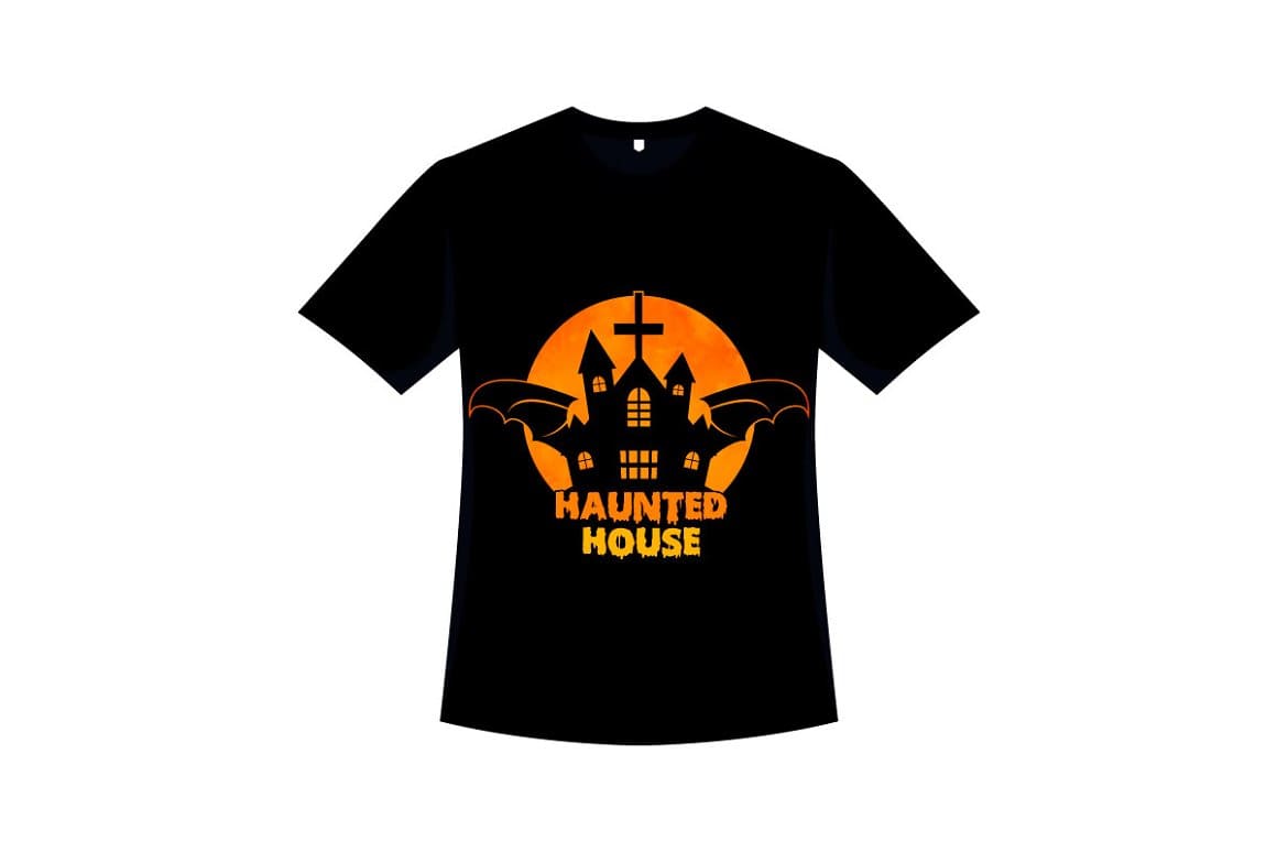 Black t-shirt with an image of an orange moon on which a bat church is drawn.