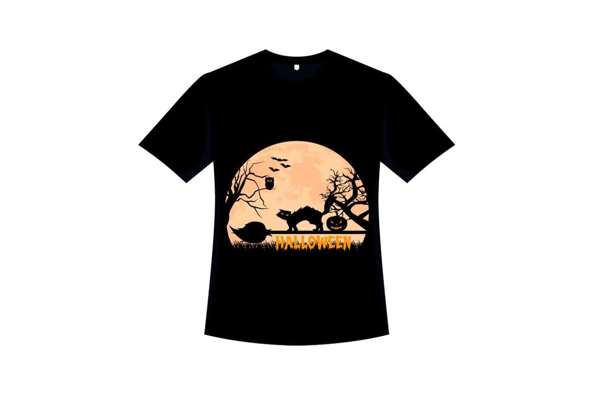 A black T-shirt has a moon, a black cat and witches' things drawn on it.