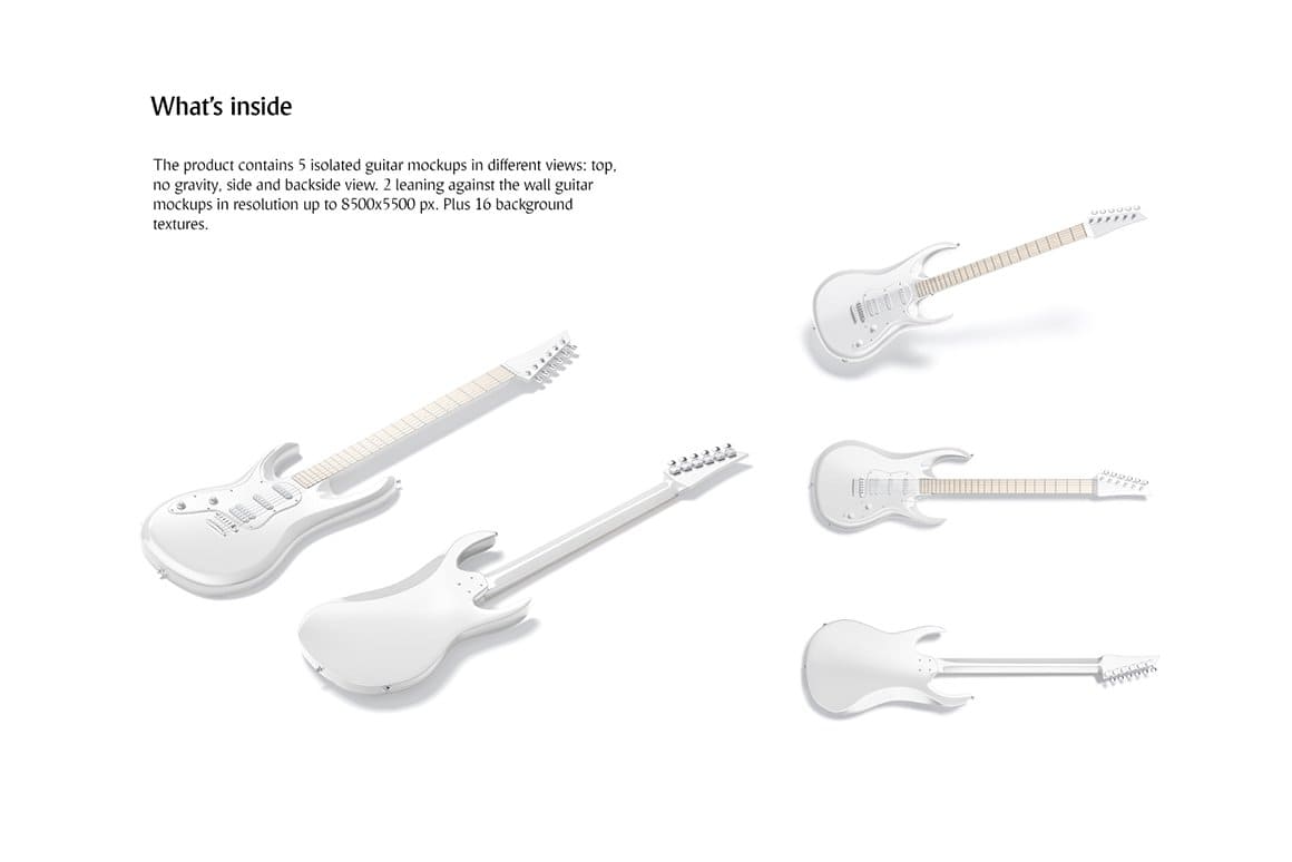 The product contains 5 isolated guitar mockups in different views: top, no gravity, side and backside view.