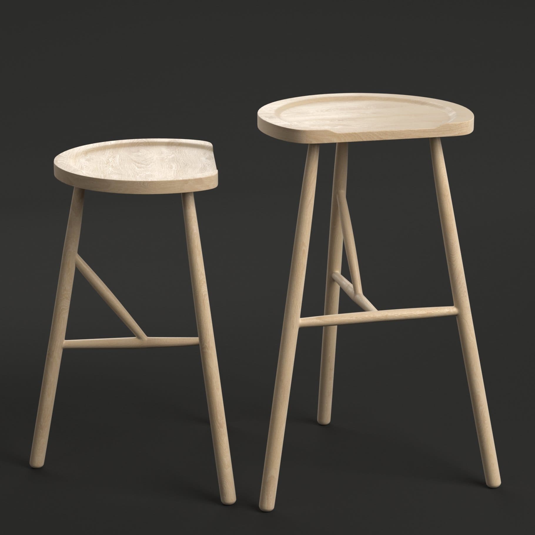 Two Puccio stools made of ash wood.