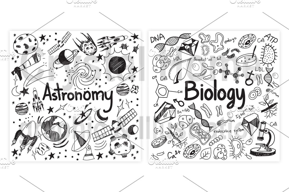 One picture with astronomical bodies, and the other picture with images of elements of biology.