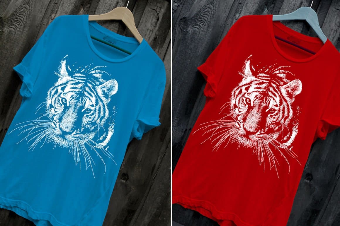 The image of a tiger made in white colors on a red and blue T-shirt.