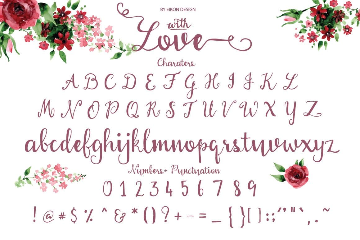 Decorative fonts in the "With Love" style decorated with flowers.