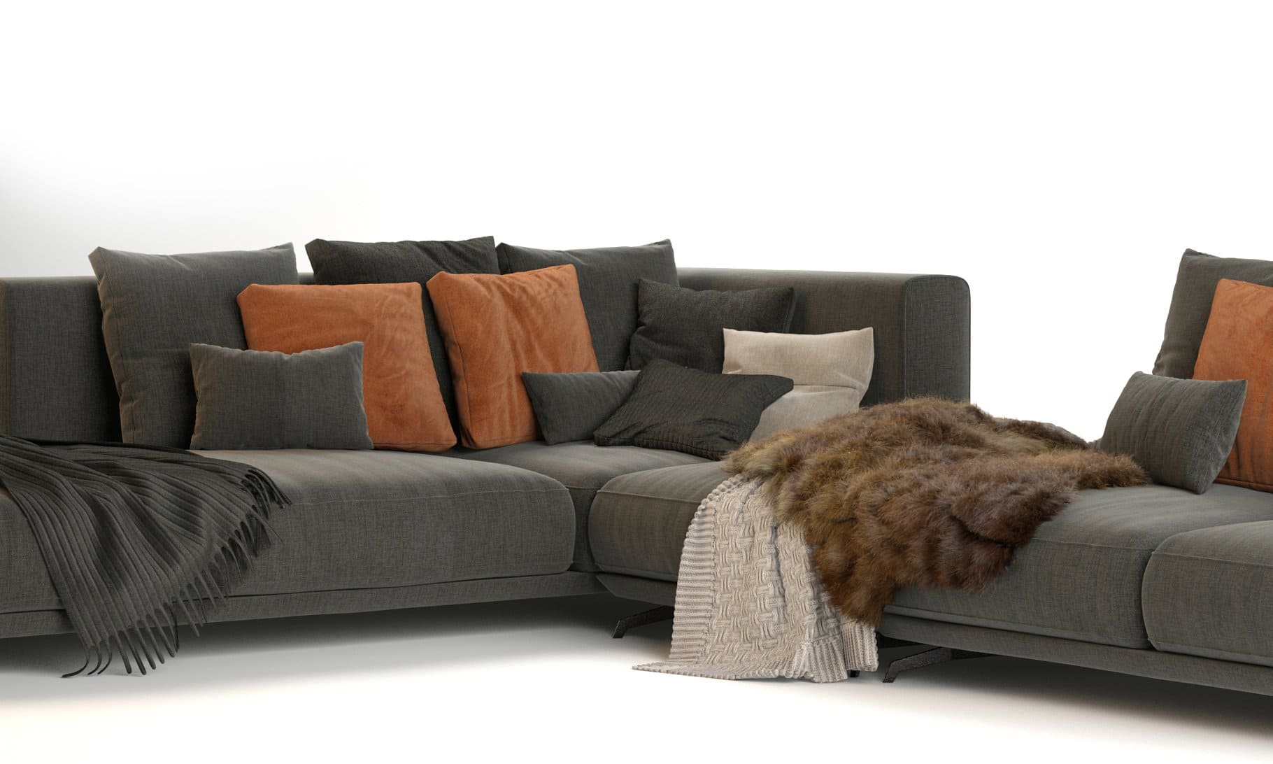 Cushions of different sizes in gray and beige on Dalton Sofa by Ditre Italia.