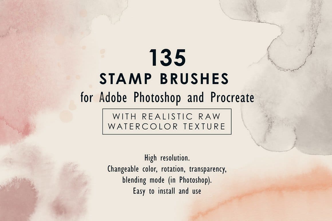 135 stamp brushes for Adobe Photoshop and Procreate with realistic Raw watercolor texture.