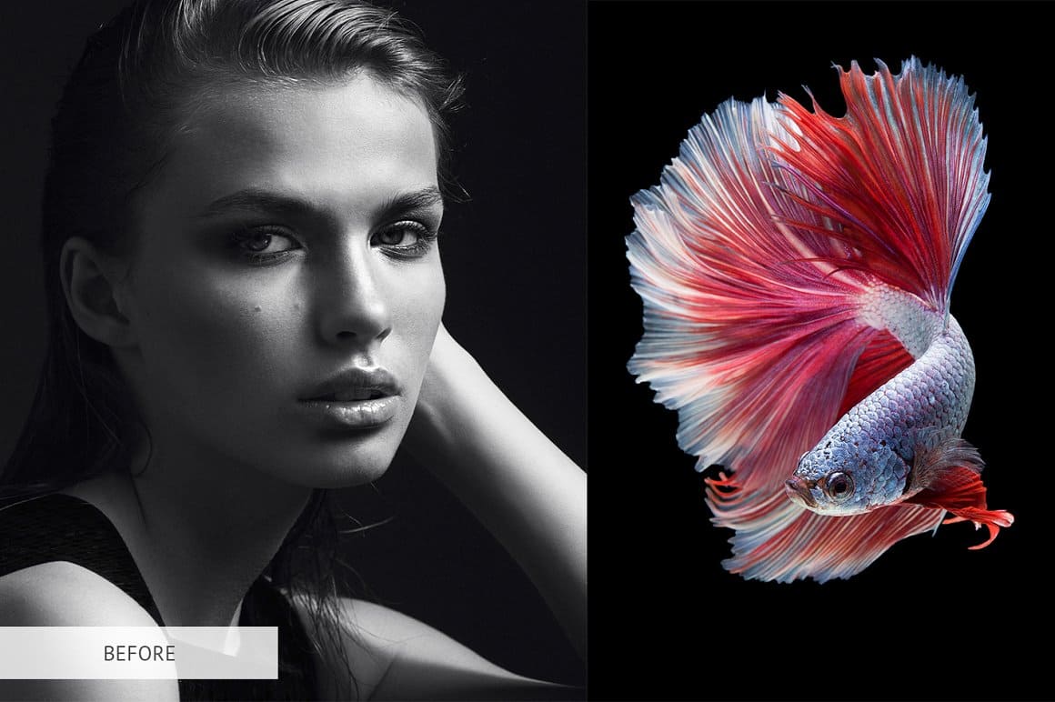 A combination of a black and white photo of a girl and a colored fish.