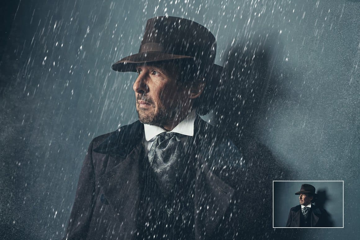 The image of a man in a business suit and hat is processed in Rain Brushes for Photoshop.