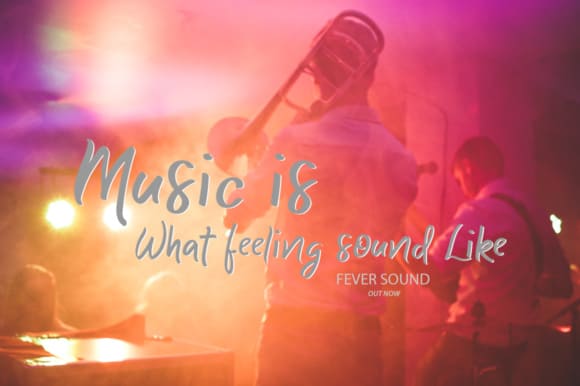 An inscription "Music is what feeling sounds like" on the orange and pink background.