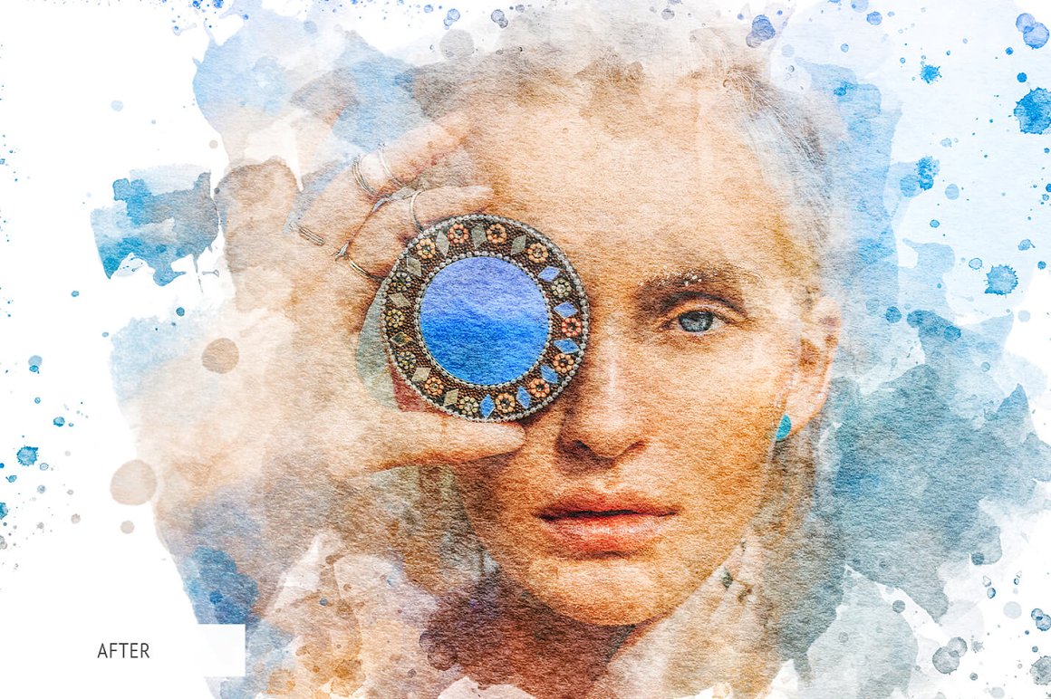 Image of a girl with a blue glass in her hand near her eye.