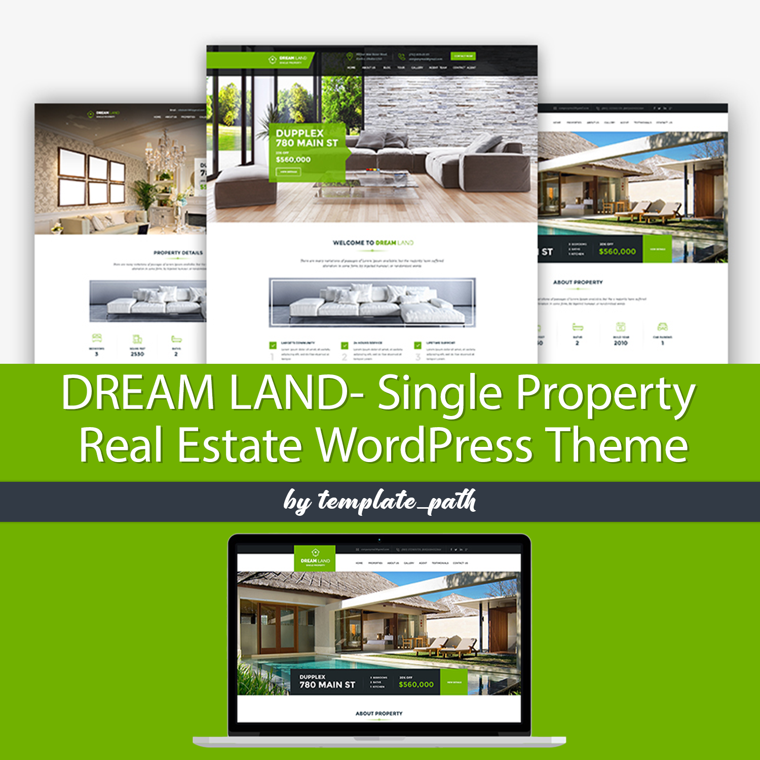 Preview dream land single property real estate wordpress theme.
