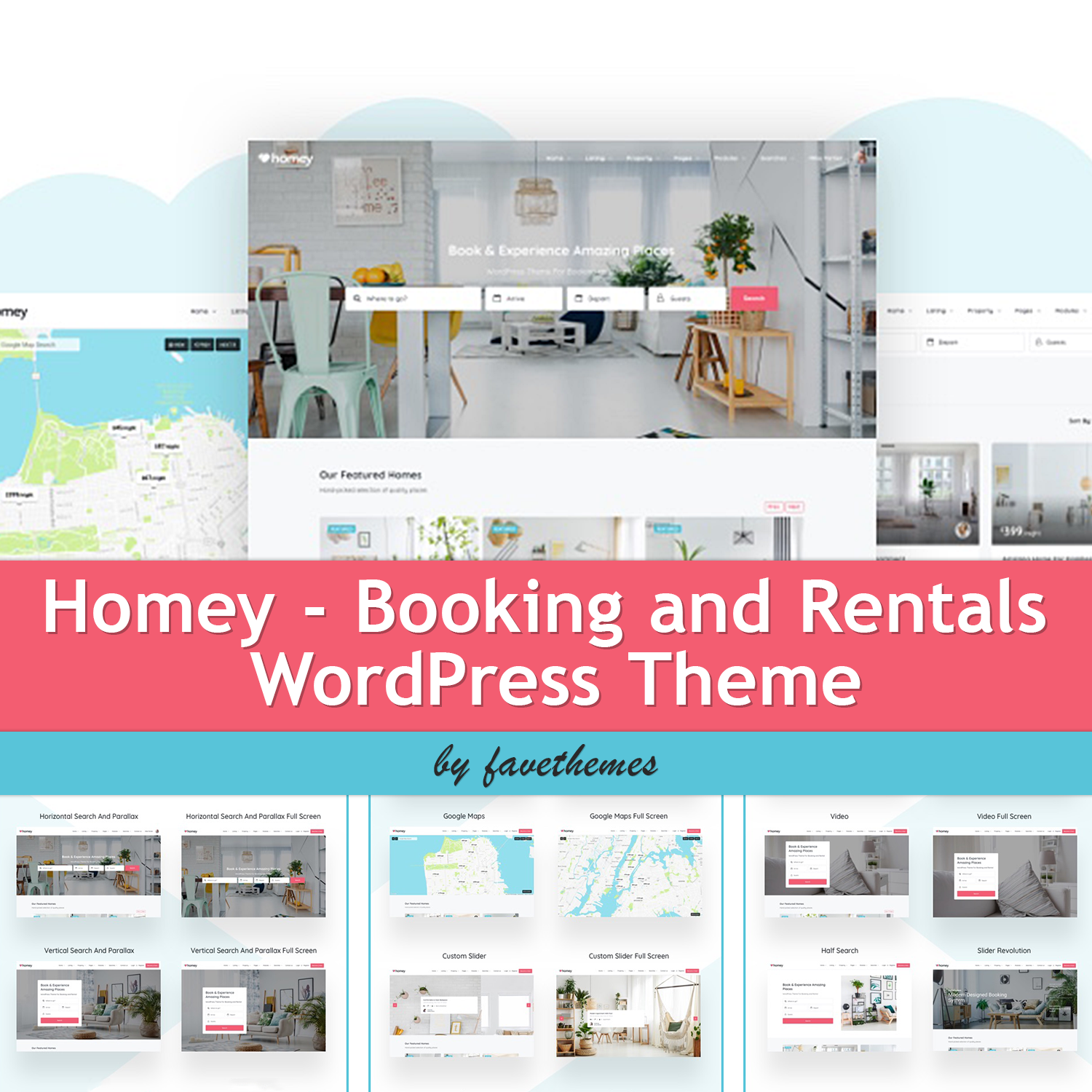 Images with homey booking and rentals wordpress theme.