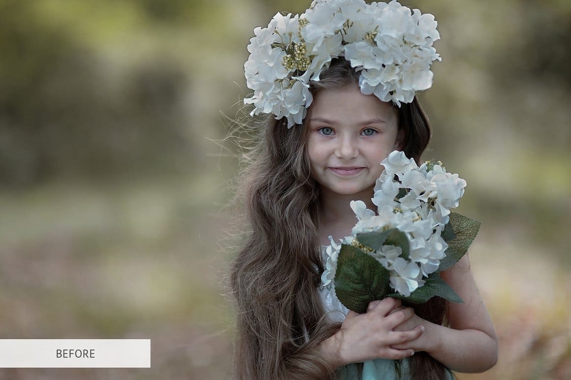Girl with dark hair holding a bouquet of hydrangeas before processing with Matte Pro.