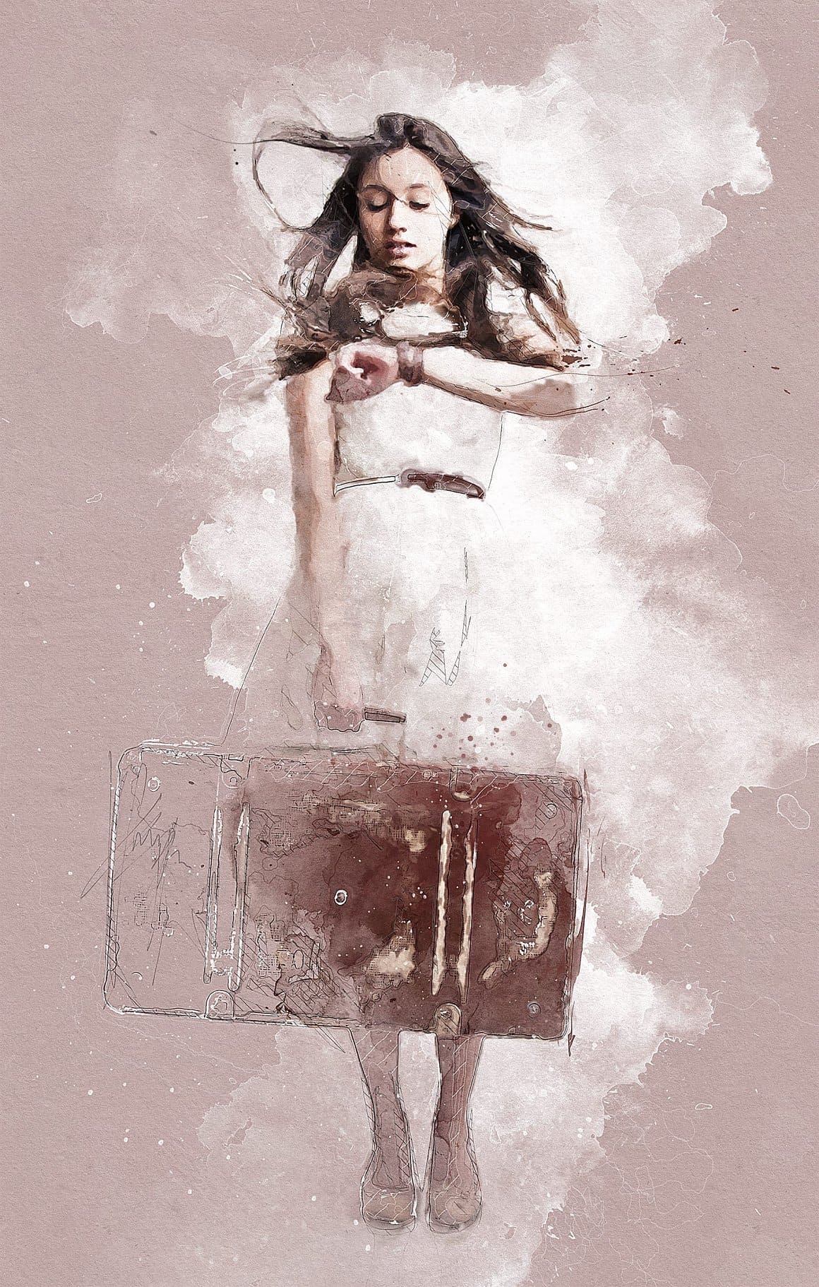Drawing of a disappearing girl with a suitcase looking at the clock.