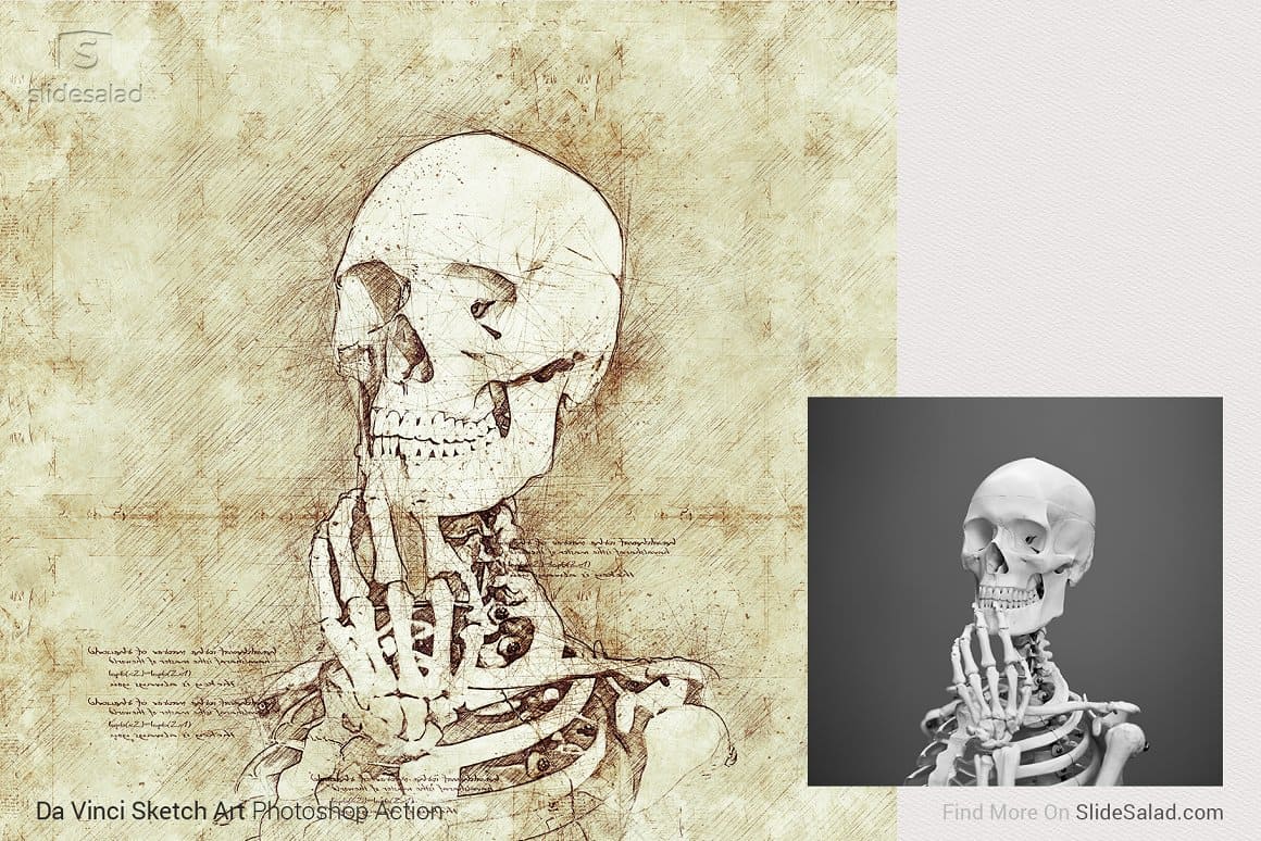 Photo and drawing of a skeleton using Da Vinci Sketch Art Photoshop Action.