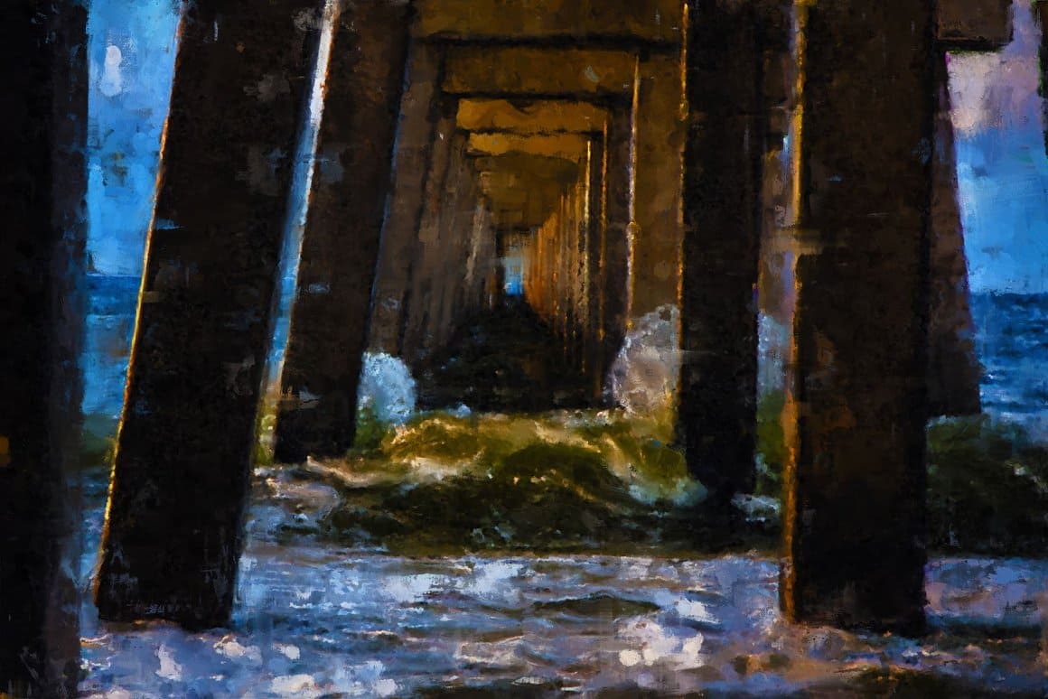 Image of a bridge between which waves are raging with Painted Photoshop Effect.