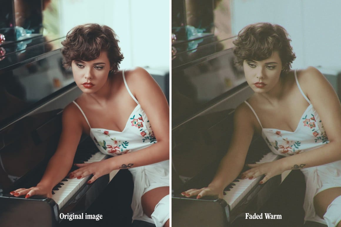 Original image and faded warm image of a girl with a short hairstyle in a dress with thin frills looking dreamily at the piano.