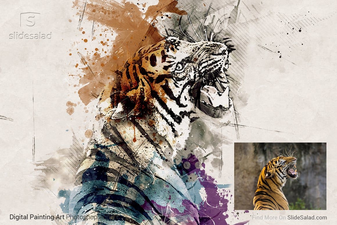 The tiger is depicted in a photograph and painted in watercolor.