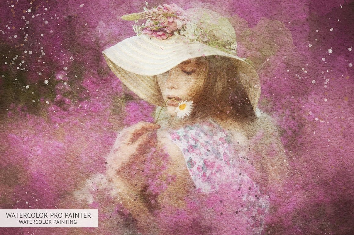 Image of a girl with a daisy in her hands with the effect of watercolor pro painter watercolor painting.