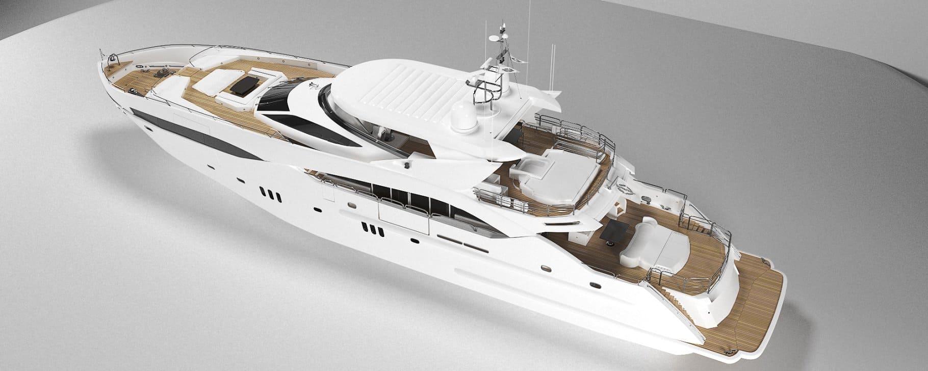 Angled top view of the Sunseeker predator 130 white Superyacht model in the graphics editor.