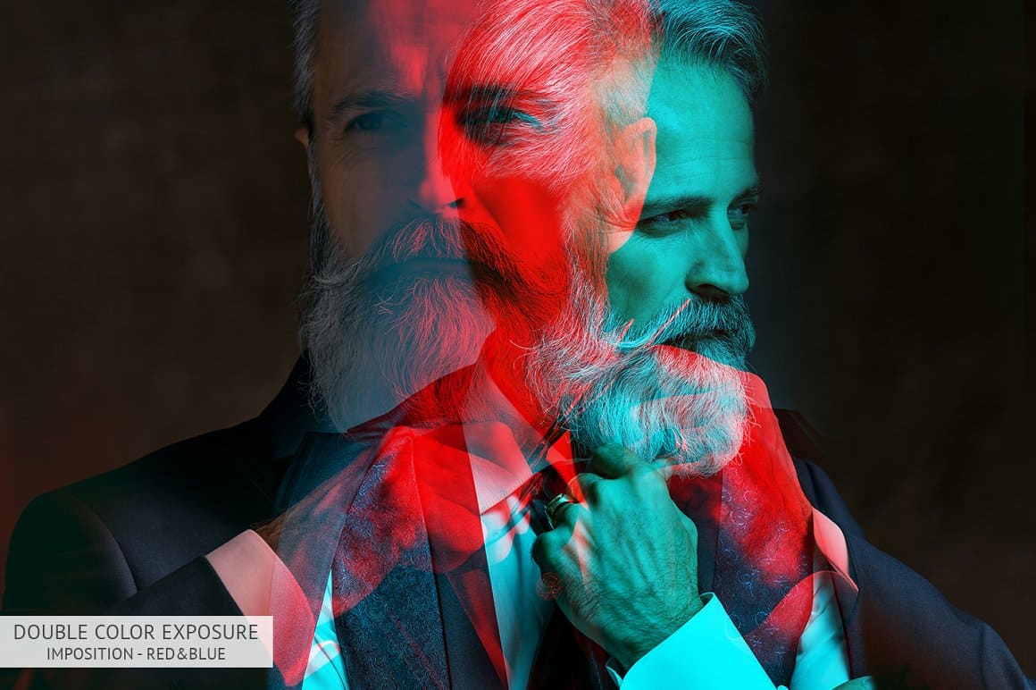 Combination of several images of a man with a gray beard in red and blue colors.