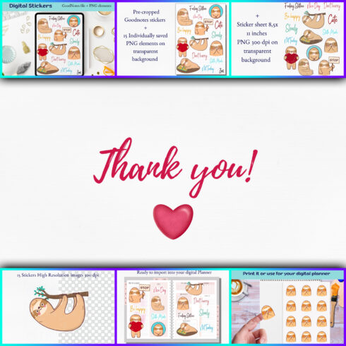 Images preview cute sloth png digital stickers pack and goodnotes.