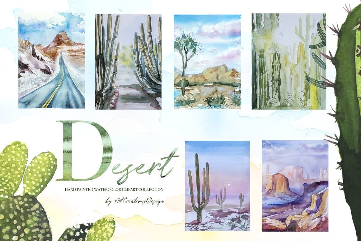 Six desert slides on the background of large desert cacti.