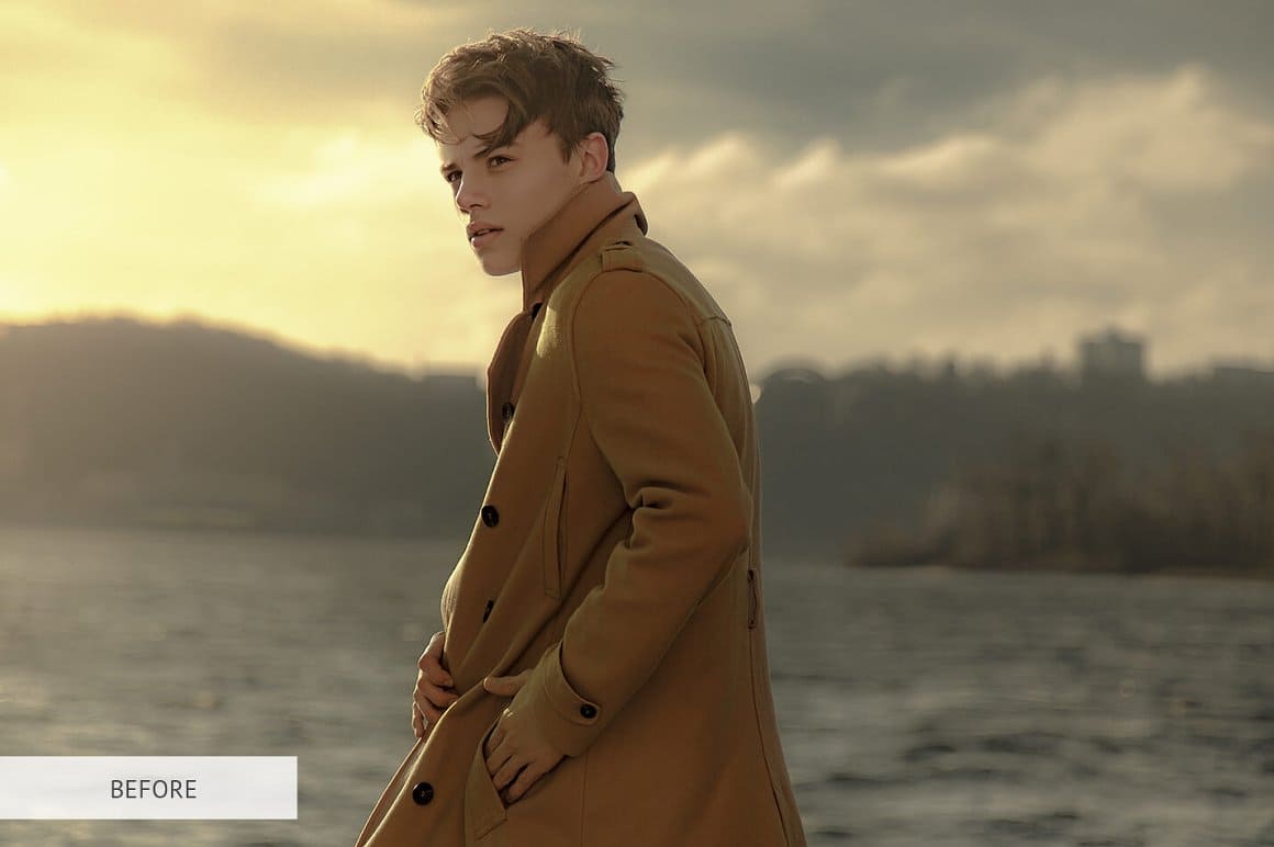Image of a guy in a beige coat with black buttons without photo manipulation.