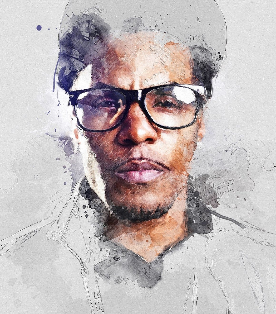An image of a smart man in black glasses painted in watercolor in photoshop.