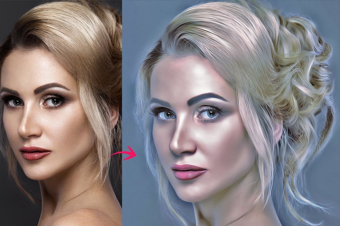 Image of a girl with a high bun hairstyle with the effect of Digital painting Photoshop action.