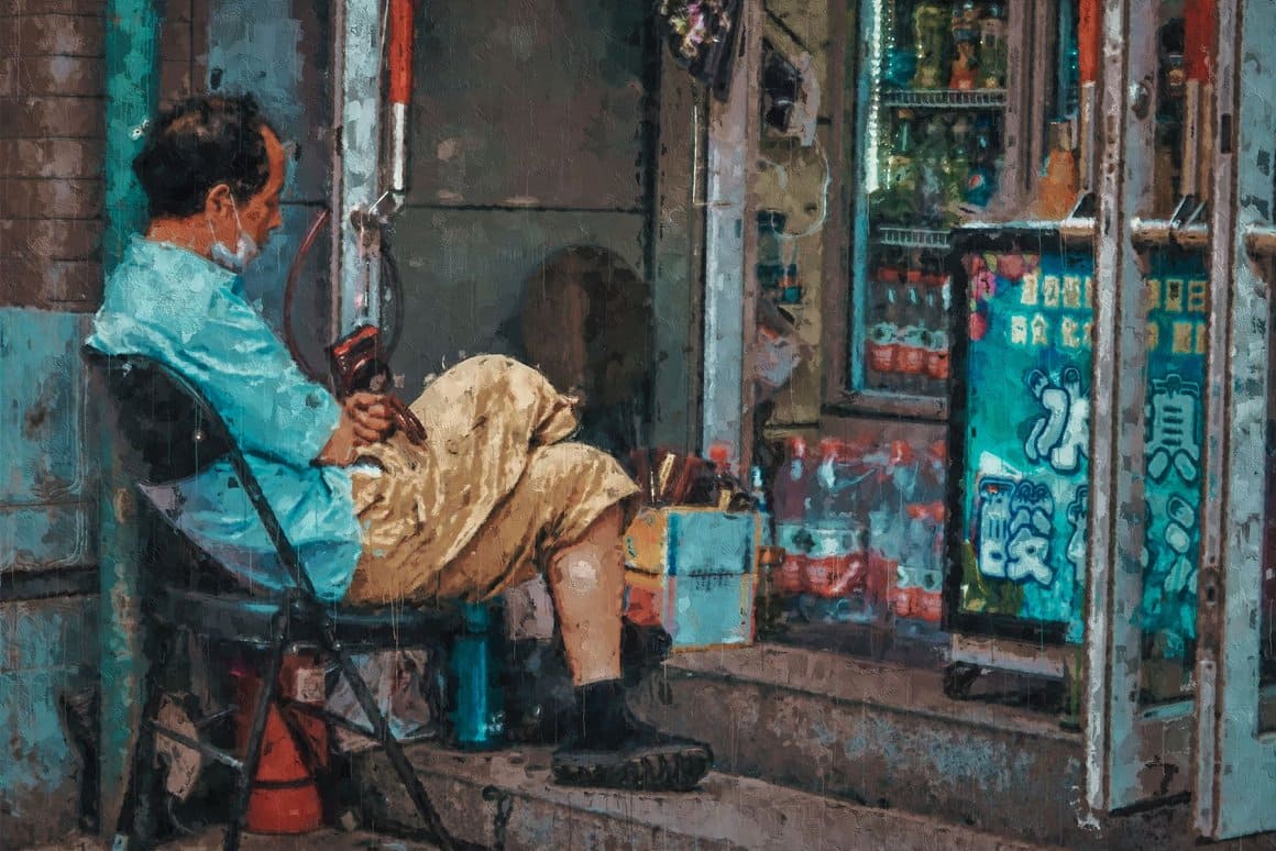 Image of the shop and the seller's man using Painted Photoshop Effect.