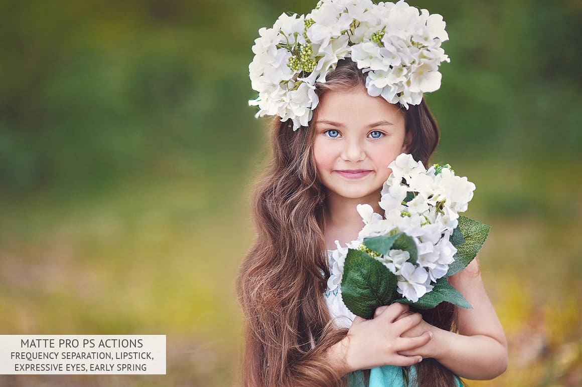 Adorable girl with a wreath of hydrangea on her head after processing with Matte Pro.