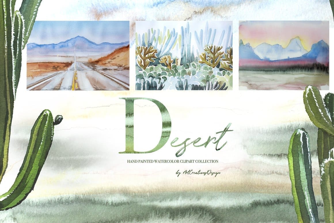 Three slides with desert landscapes and a large logo.