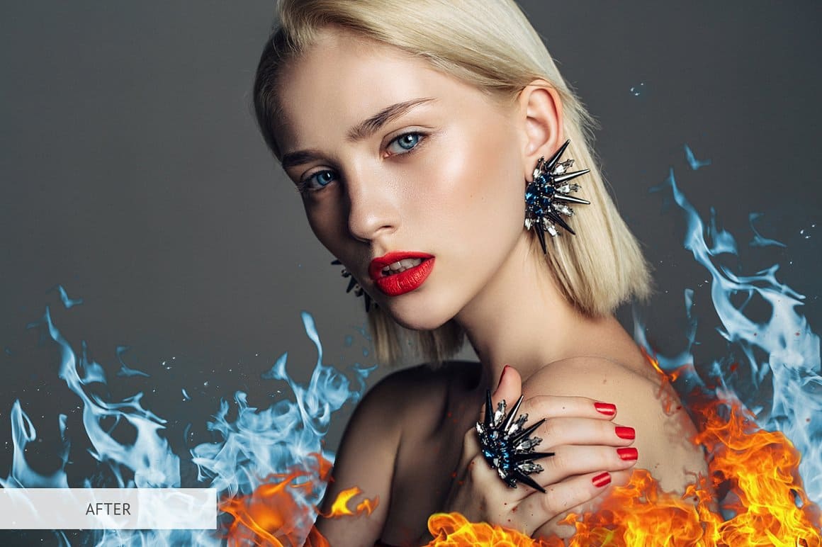 The model's face is illuminated and decorated with blue and orange fire.