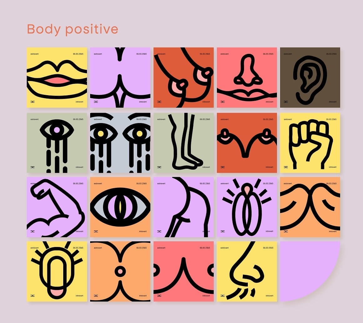 Body positive, drawings of various female and male body parts.