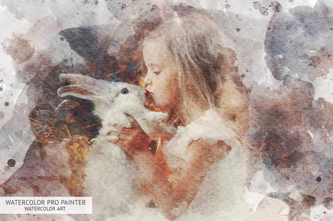 Image of a girl with a rabbit with the effect of watercolor pro painter watercolor art.