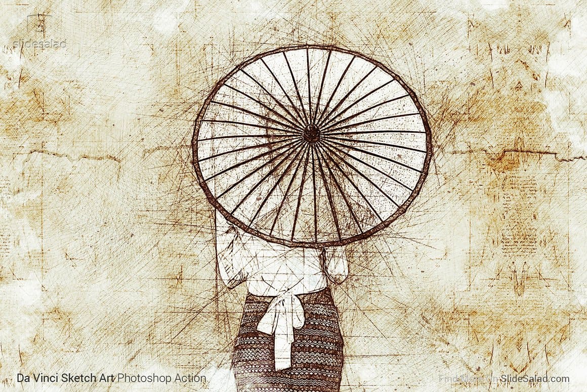 Image of a girl with a Chinese umbrella using Da Vinci Sketch Art Photoshop Action.