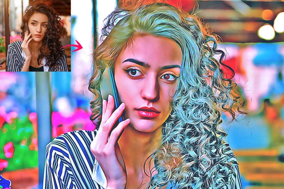 Image of a girl calling on the phone with the effect of Digital painting Photoshop action.