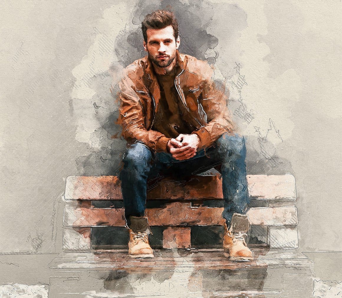 The image of a man sitting on the railing of a bench with his feet resting on the seat is painted with watercolors in Photoshop.