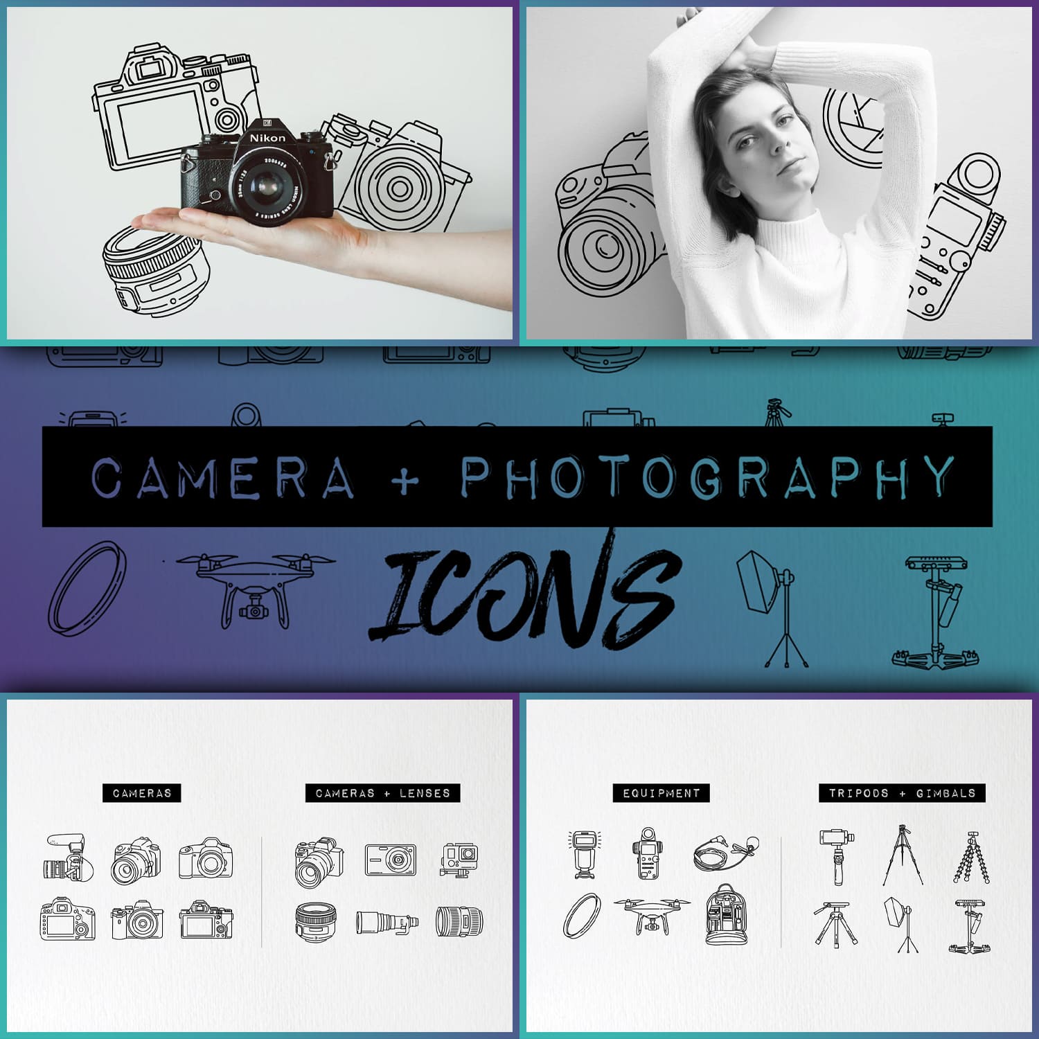 Four images with "Photography" icons on a white background.