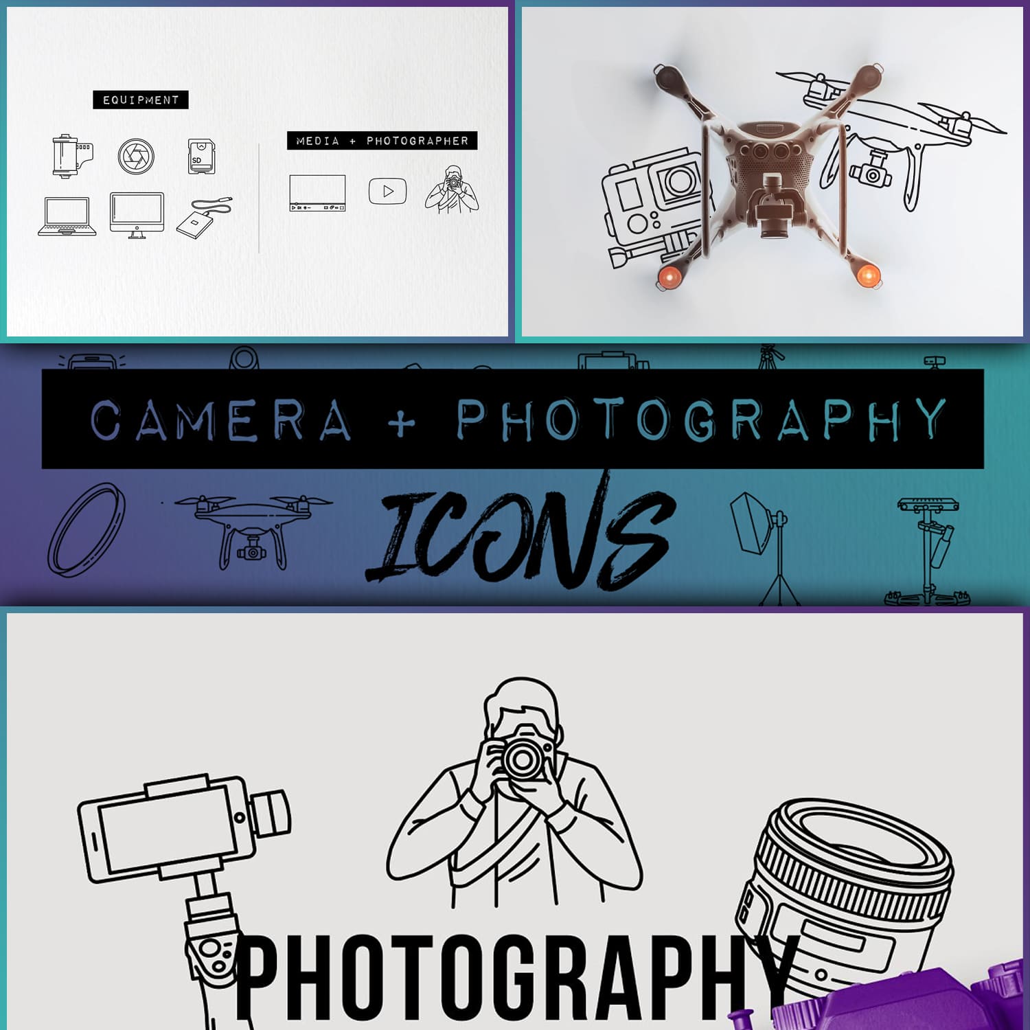 Icons with equipment for creating photos.