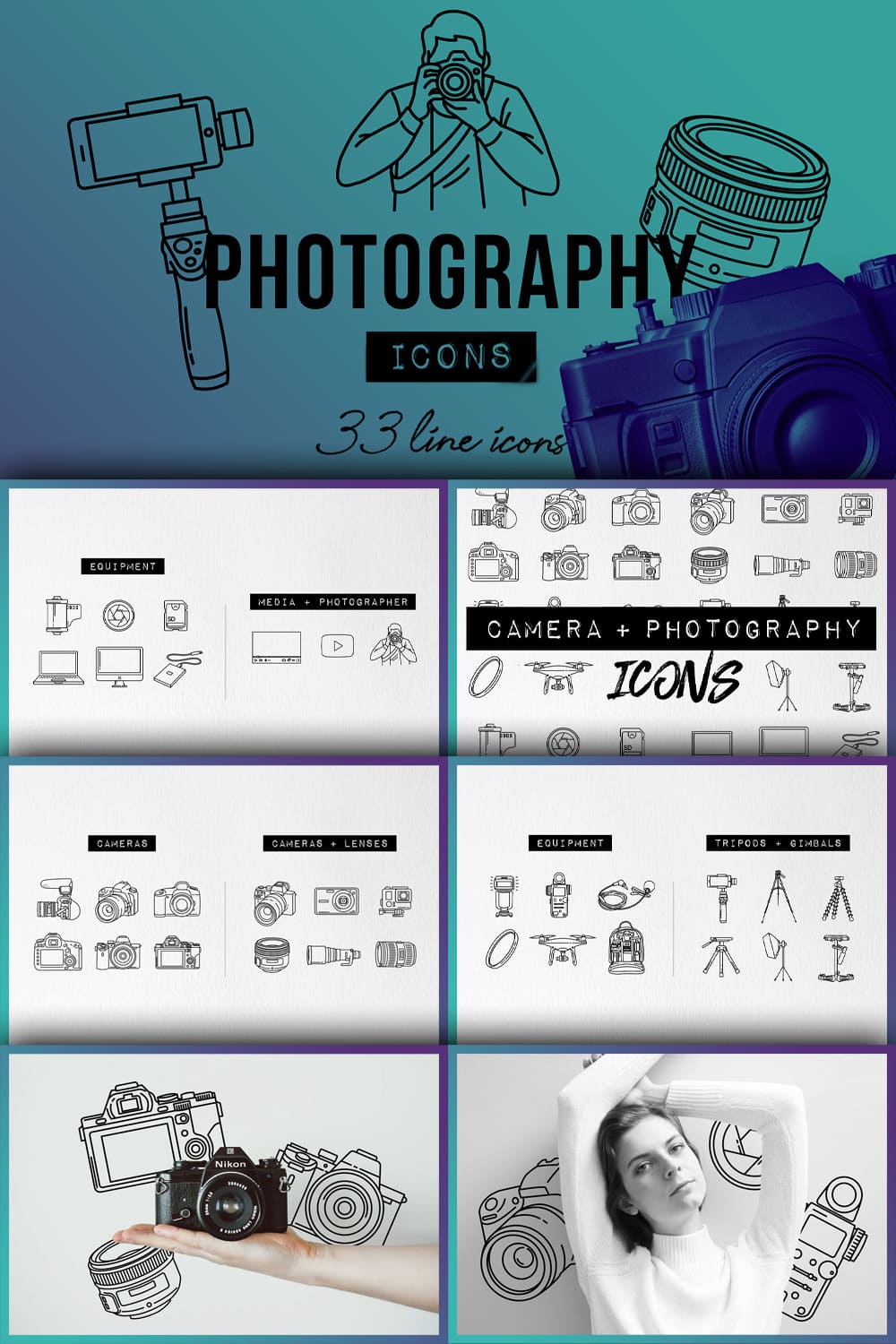 Icons with equipment for creating photos and an icon with the image of a photographer are depicted on a blue-purple background.