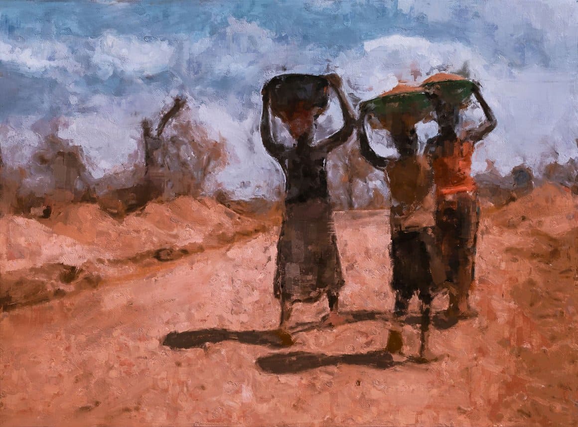 Image of African girls carrying grain on their heads using Painted Photoshop Effect.