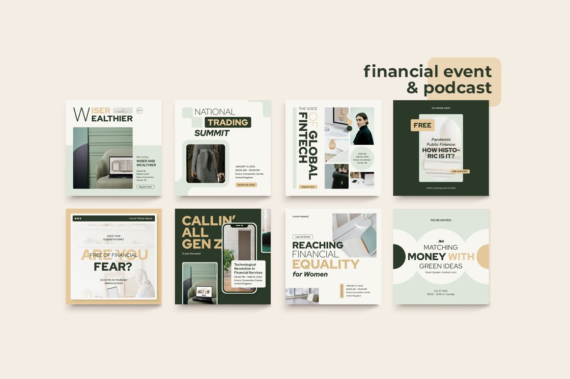 Posters about financial event and podcast.