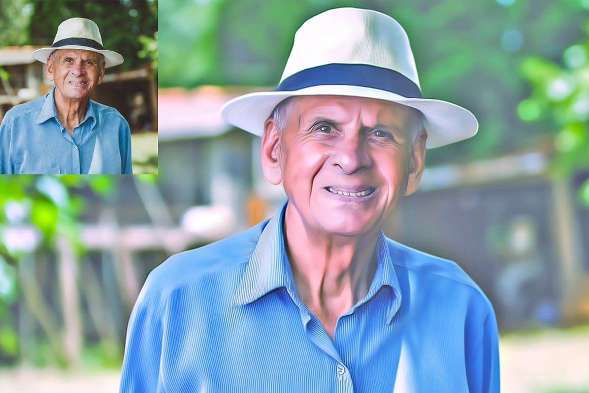 Image of a man in a white hat with the effect of Digital painting Photoshop action.