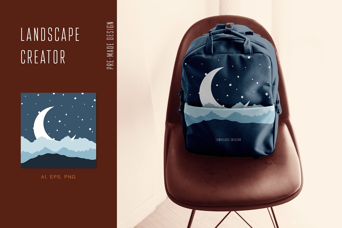 Blue backpack with landscape illustration on the brown chair.